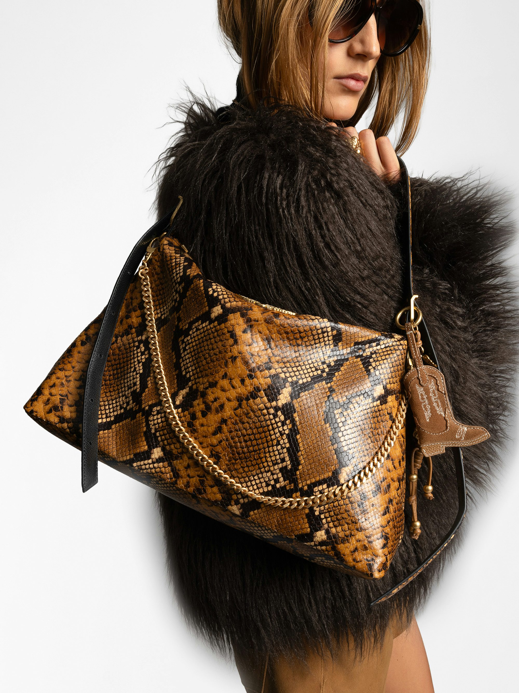 Jim Wild Bag - Soft python-effect leather bag adorned with a chain and rhinestone wing.